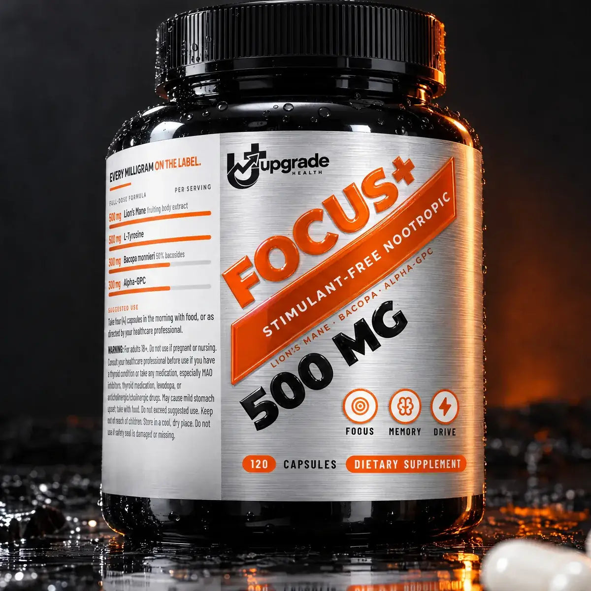 FOCUS+ bottle on dark stone with an orange rim light
