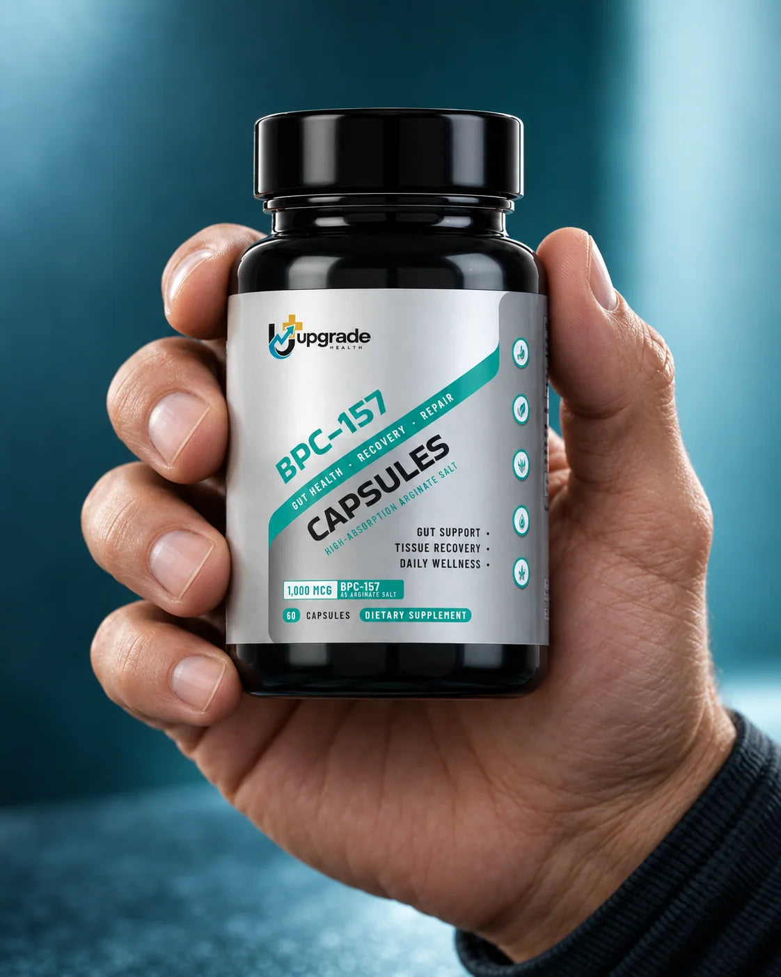 A hand holding the Upgrade Health BPC-157 bottle, label facing forward
