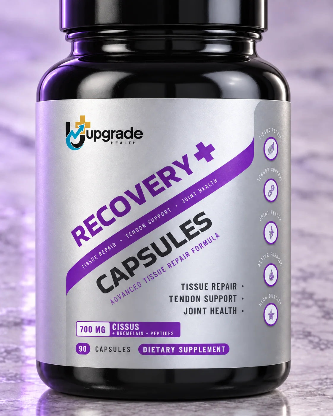 Close view of the RECOVERY+ bottle label