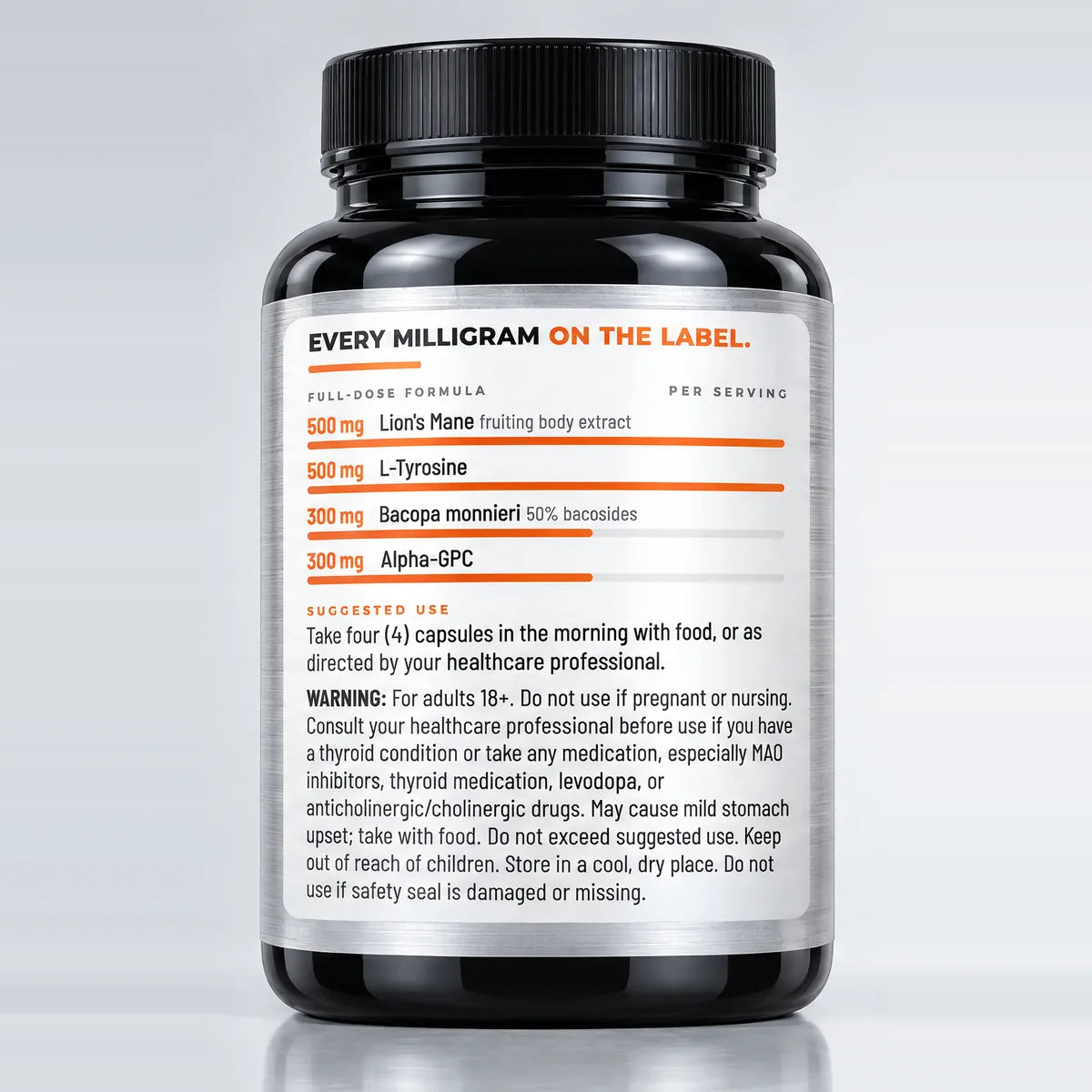 FOCUS+ bottle, directions and dose panel