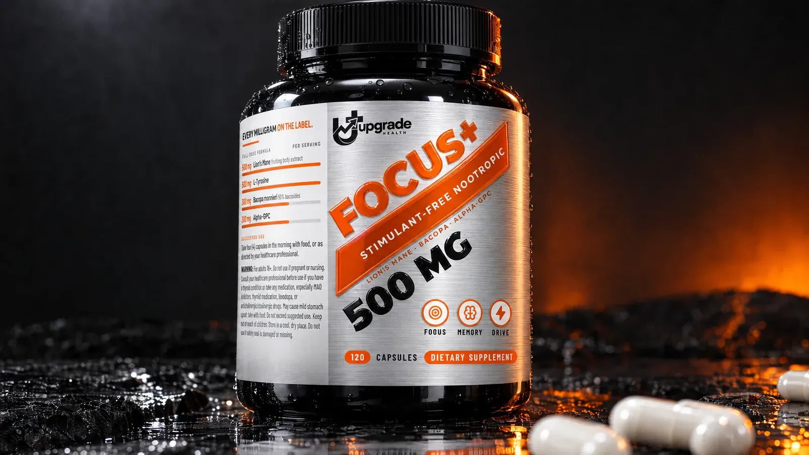FOCUS+ bottle on dark stone