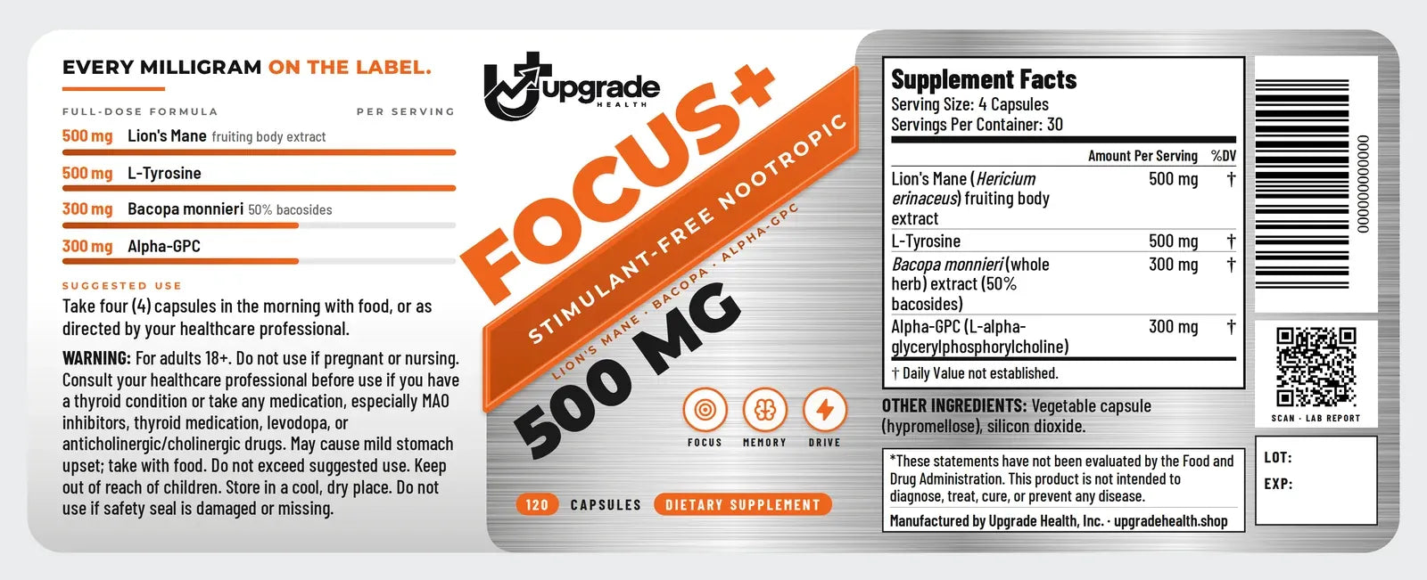 The full FOCUS+ label, flat